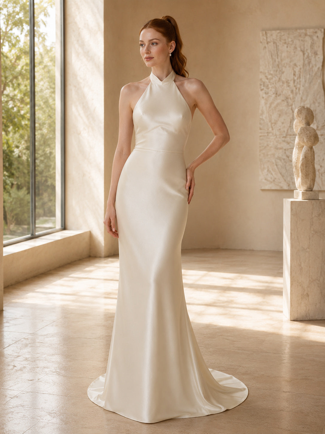 Halter Neck Satin Column Sweep Bridal Gown Floor Length front view