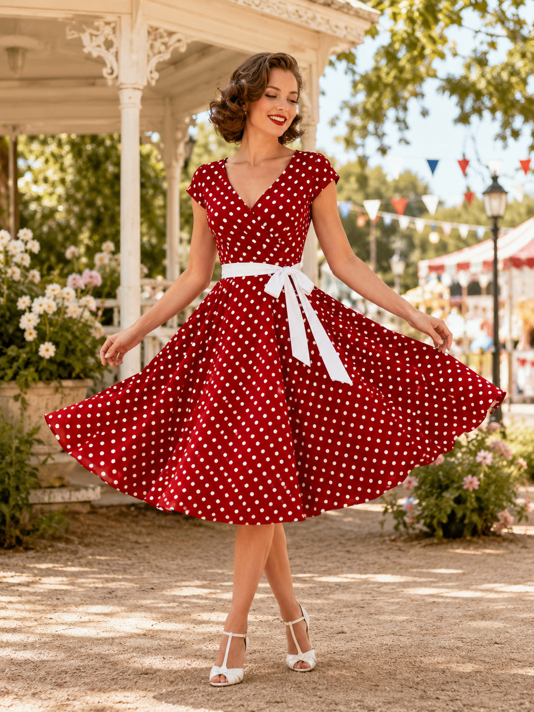 Vintage Red Polka Dot Bateau Cap Sleeve Bow Sash Satin Tea Length Cocktail Dress front view
