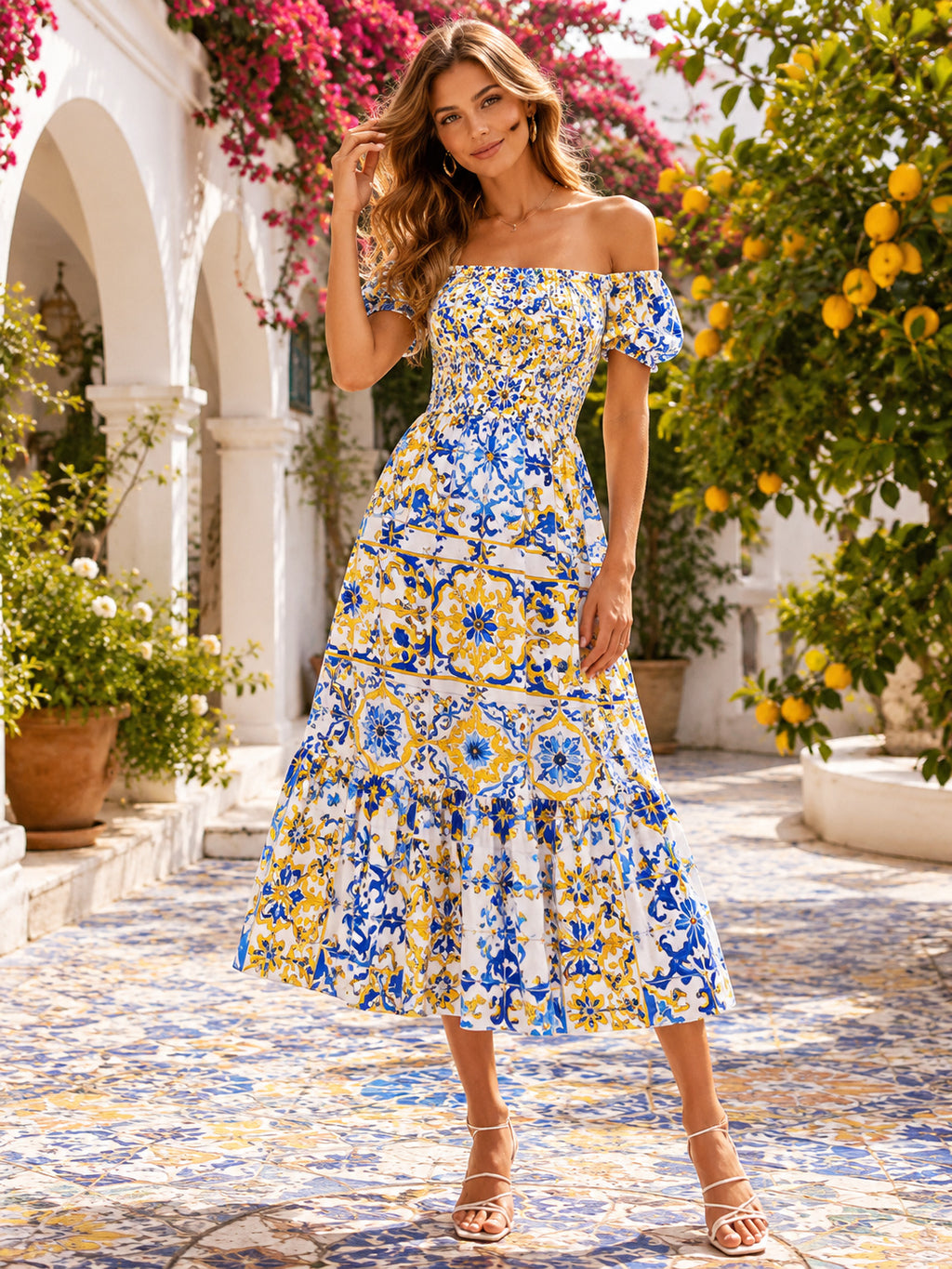 Yellow Blue Tile Off Shoulder Tiered Midi Dress front view