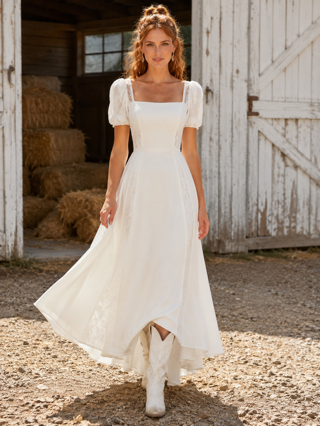 Casual Tea-Length A-Line Square Neck Puff Sleeve Wedding Dress Simple front view