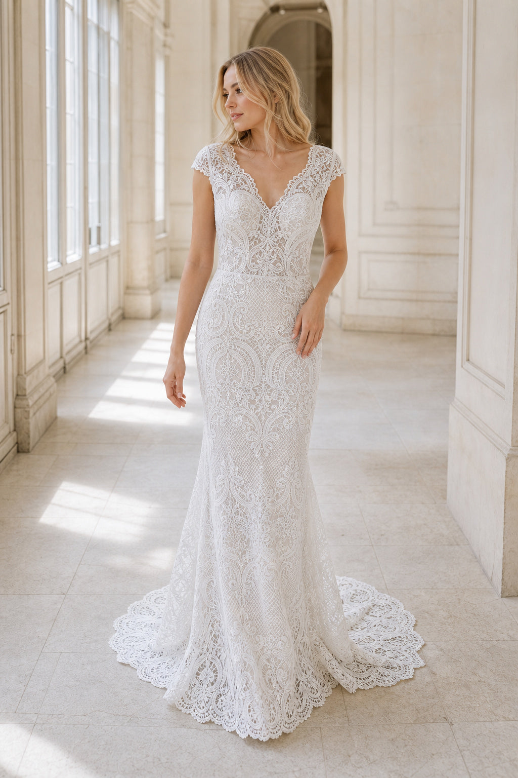 White Off-the-shoulder Long Sleeves A-Line Chiffon Floor-length Wedding Dress With Lace Bodice and Sweep Train