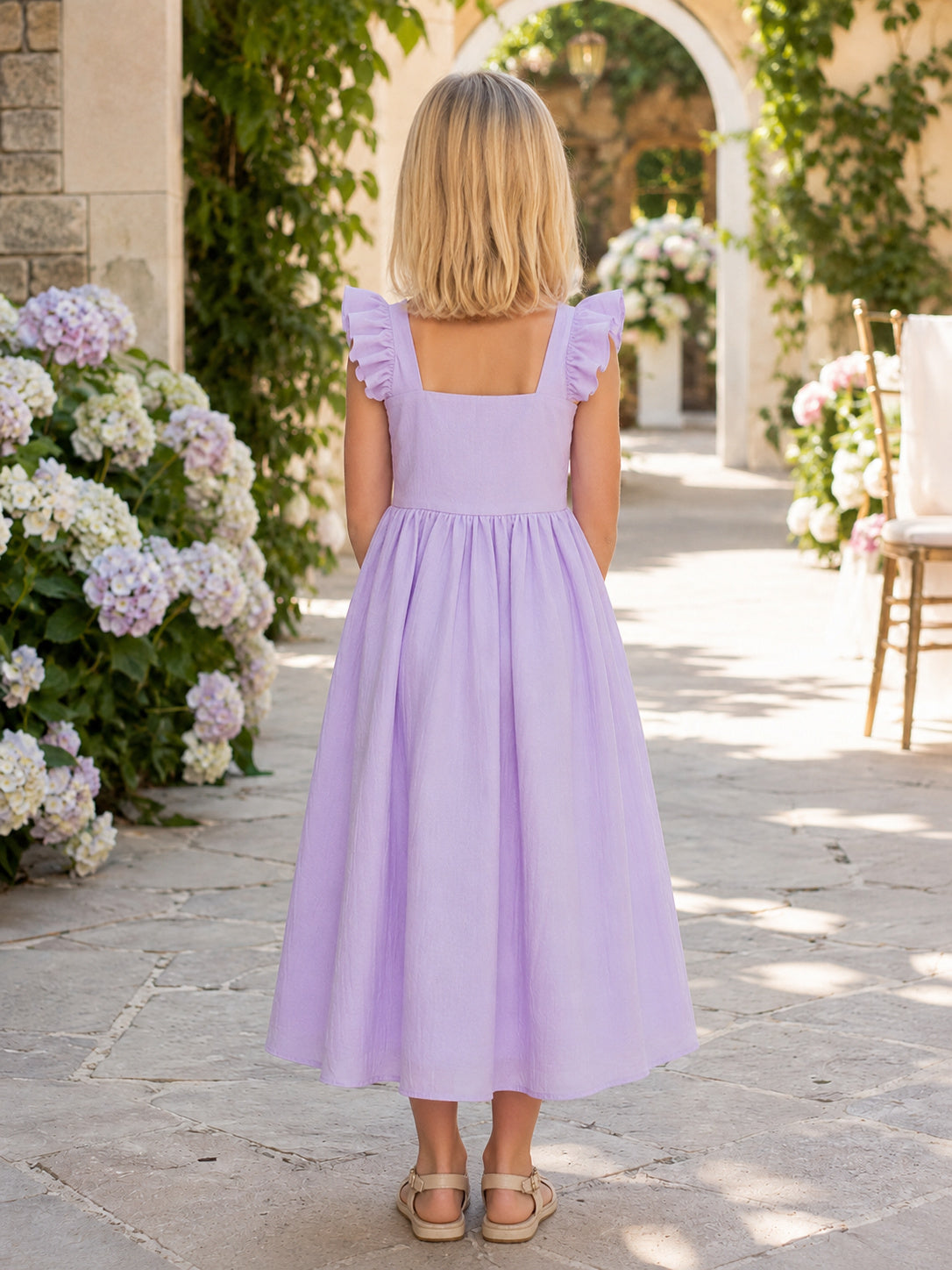 Flower Girl Dress Lavender Chiffon Tulle A-Line Short Sleeve Scoop Tea length Pleated back view