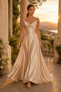 Champagne Cowl Neck Satin A-Line Bridesmaid Dress with Spaghetti Straps and Floor Skirt front view