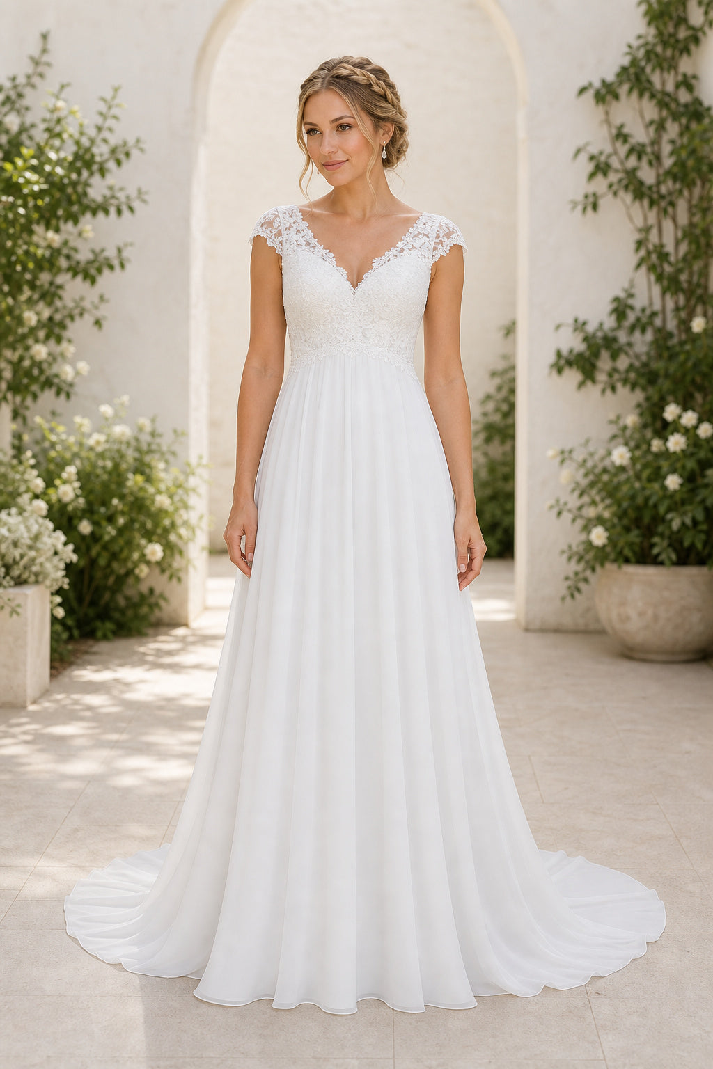 White Halter Sheath Chiffon Floor-length Wedding Dress With Pleated Skirt and Layered Skirt and Open Back