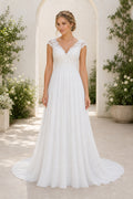 White Halter Sheath Chiffon Floor-length Wedding Dress With Pleated Skirt and Layered Skirt and Open Back