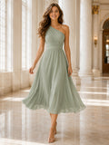 City Hall Sage One-Shoulder Chiffon A-Line Tea-Length Pleated Guest Dress front view