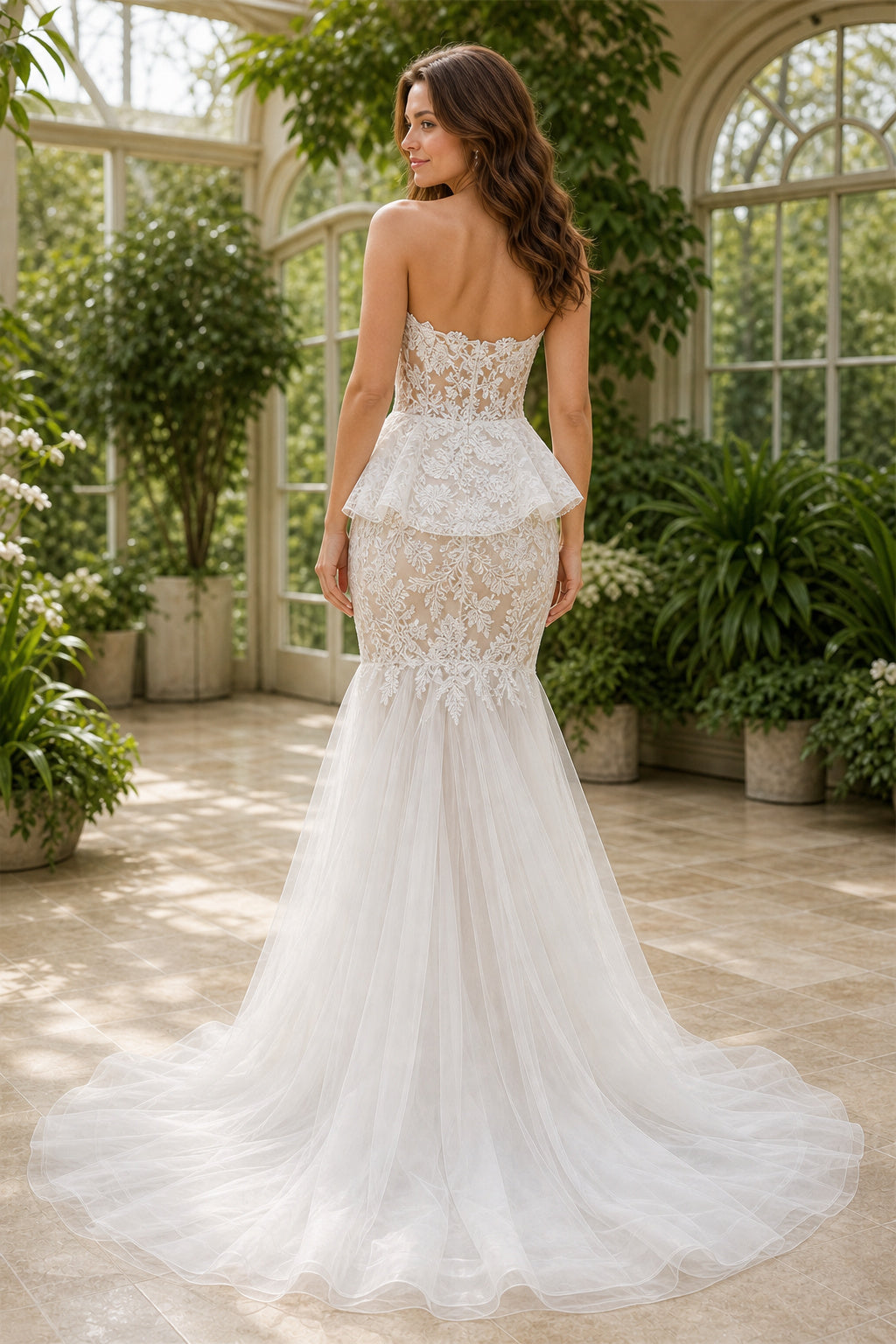 White Sweetheart Mermaid Lace, Tulle Floor-length Wedding Dress With Lace and Peplum