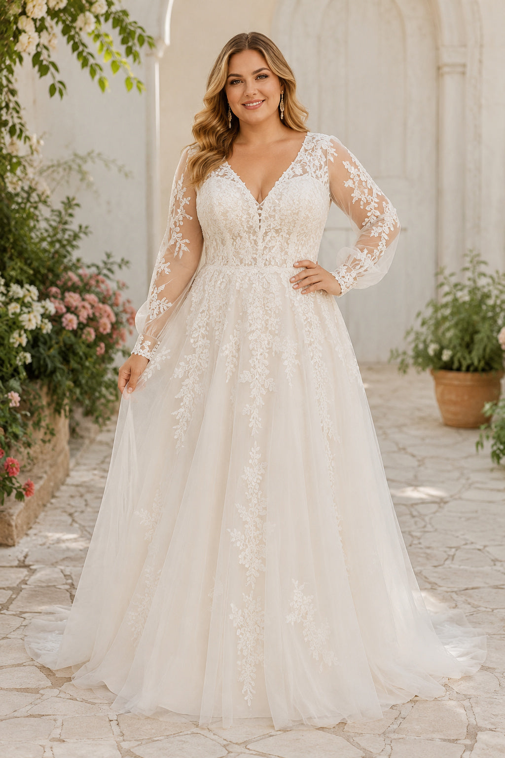 Plus Size Ivory V-Neck Long Illusion Sleeve Lace Tulle A-Line Wedding Dress with Long Lace Sleeves and Soft Tulle Train front