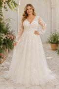 Plus Size Ivory V-Neck Long Illusion Sleeve Lace Tulle A-Line Wedding Dress with Long Lace Sleeves and Soft Tulle Train front