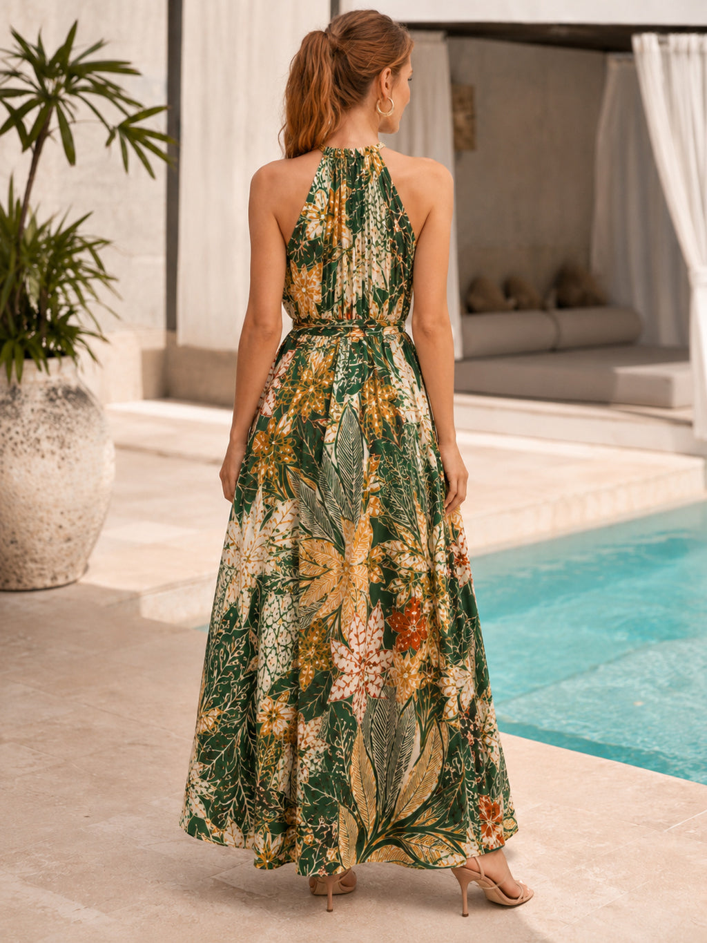 Green Tropical Batik Halter Resort A Line Maxi Dress back view