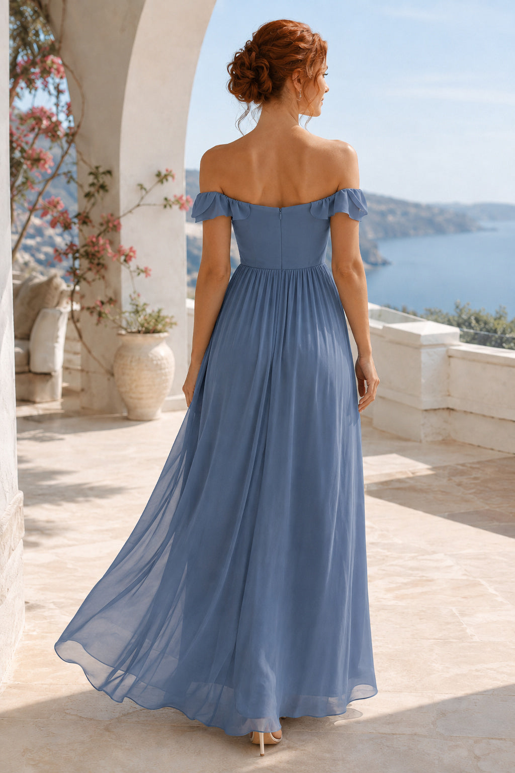 Steel Blue Dusty Blue Wedding Guest Sheath Dress Style MG_301566 back view