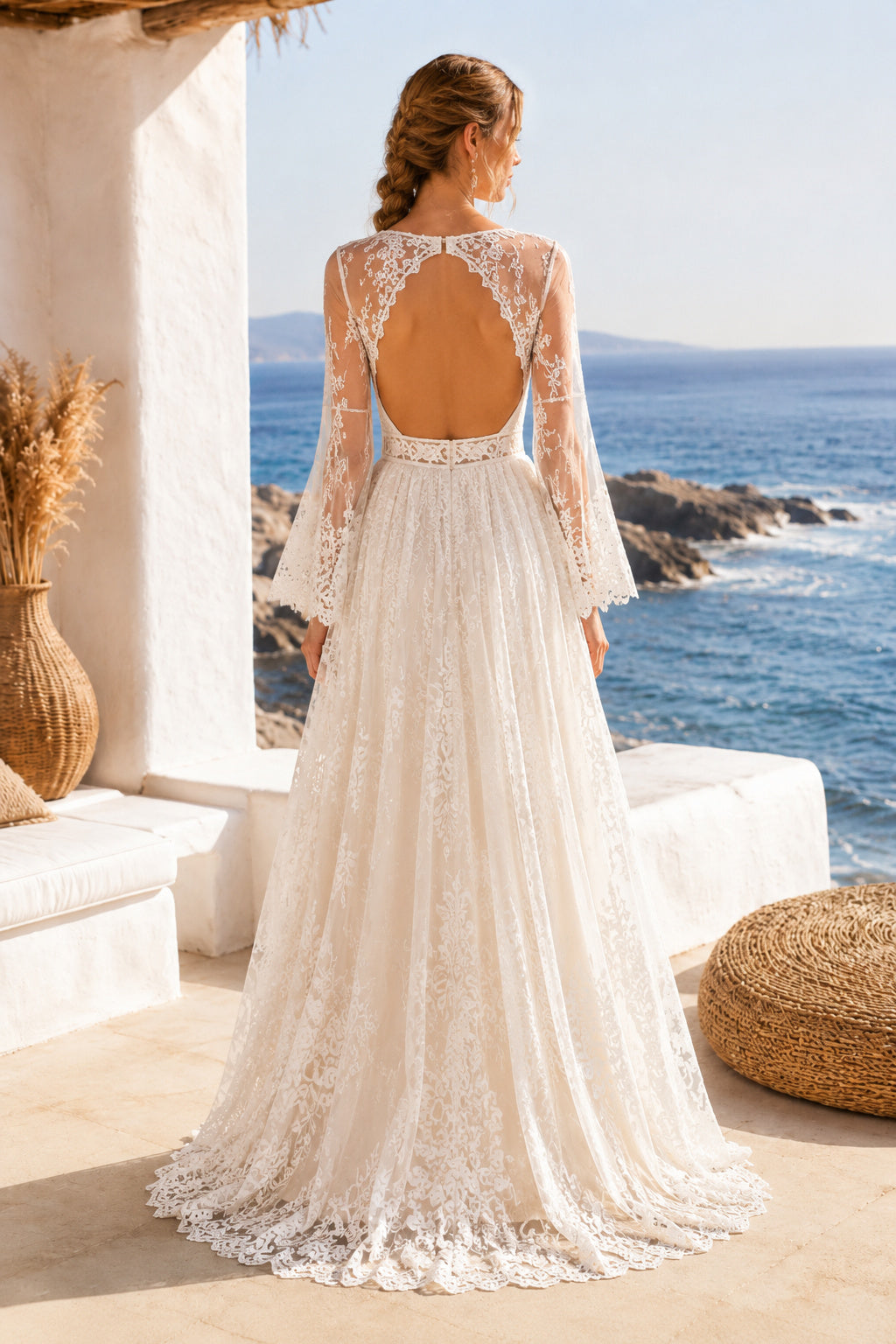 Ivory High Neck Long Bell Sleeve Lace A-Line Wedding Dress Keyhole Back for Bridal Ceremony and Reception back view