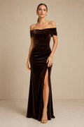 Chocolate Velvet Off-the-Shoulder Mermaid Evening Dress with Side Split front view