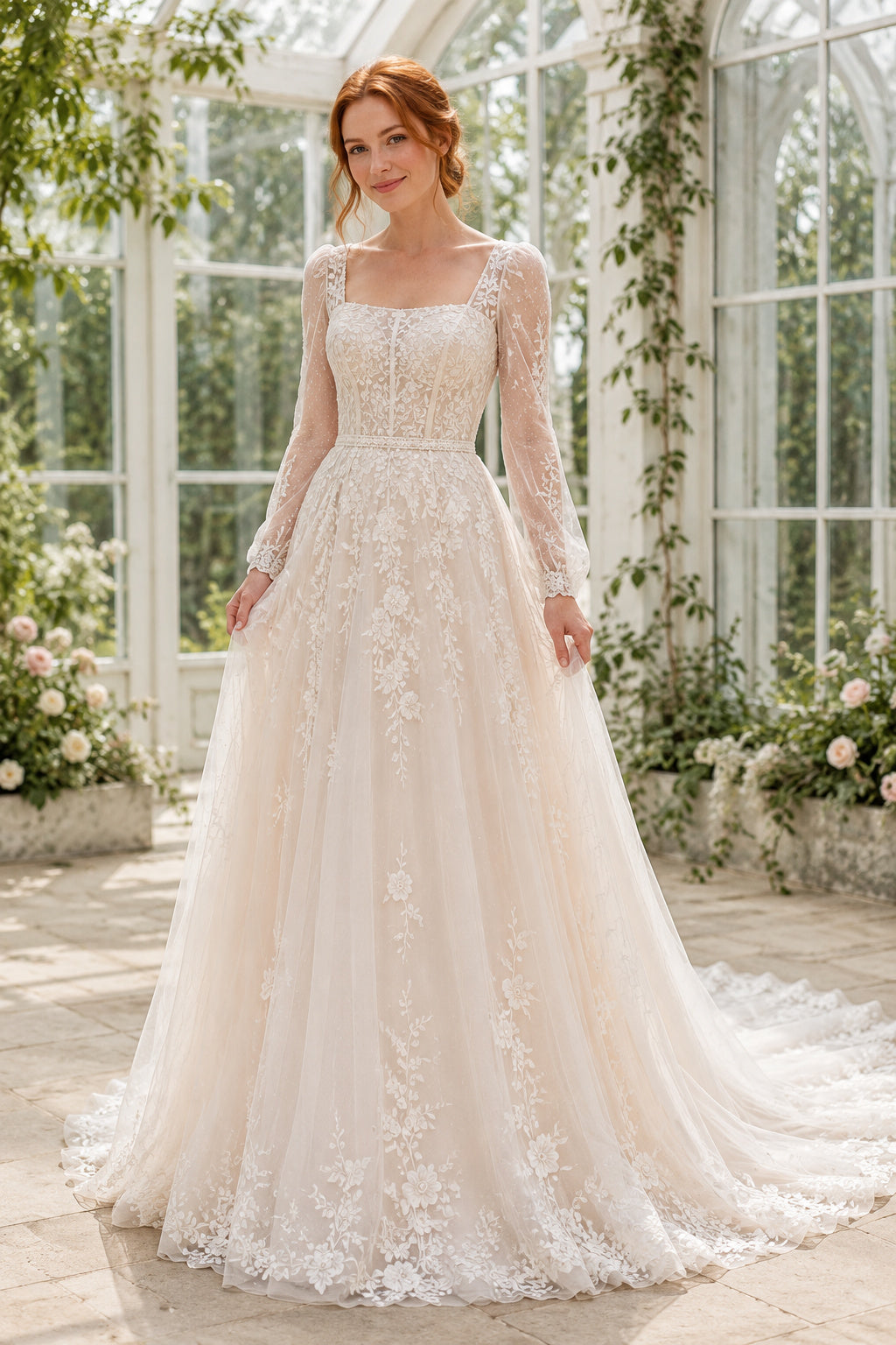 Square Neck Long Sleeve A-Line Wedding Dress with Floral Lace and Full Train for Beach Garden Ceremony front view