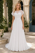 Ivory V-neck Cap Sleeve A-Line Chiffon Wedding Dress With Open Back