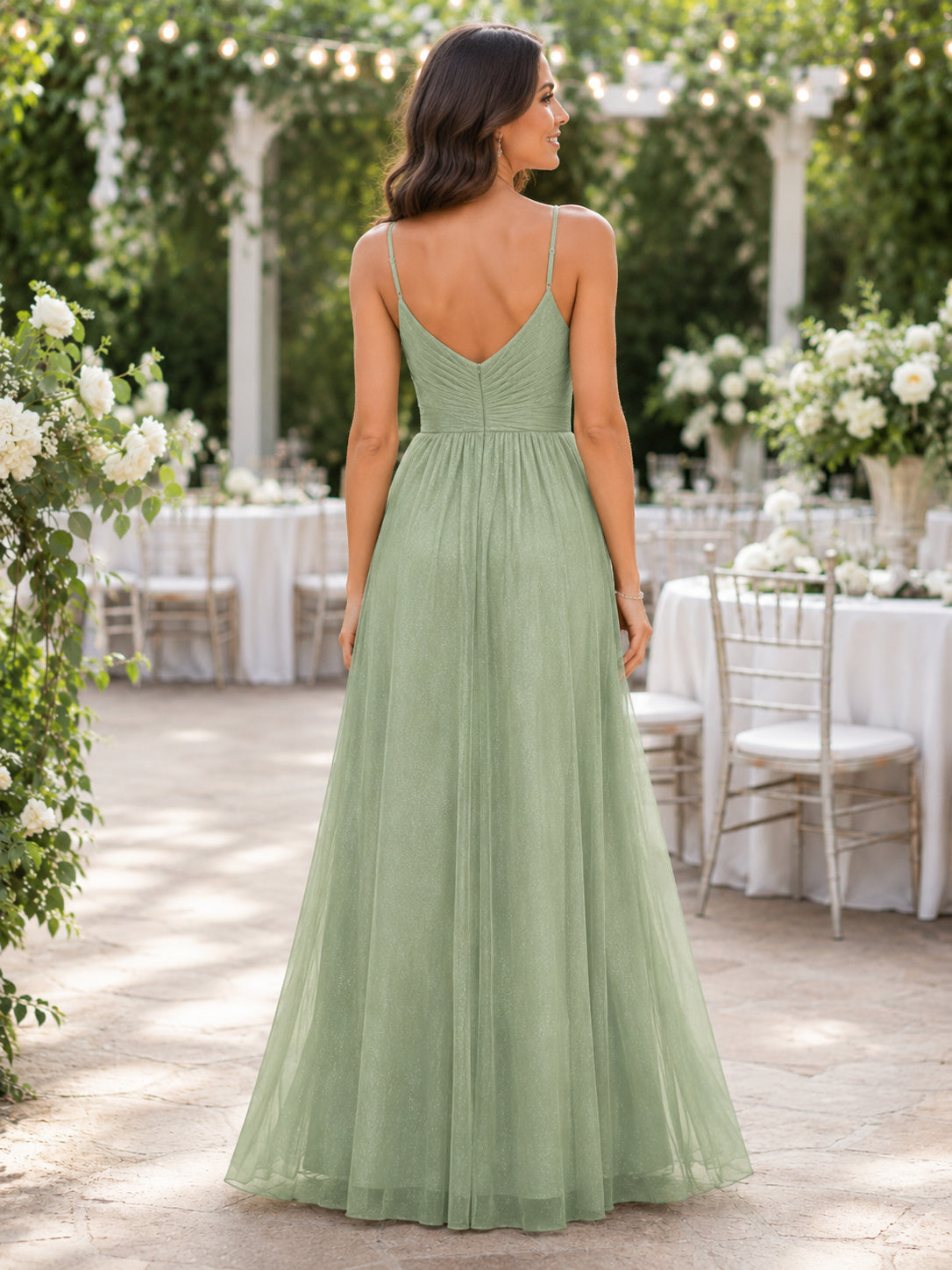 Sage V neck tulle A line bridesmaid gown with slit back view