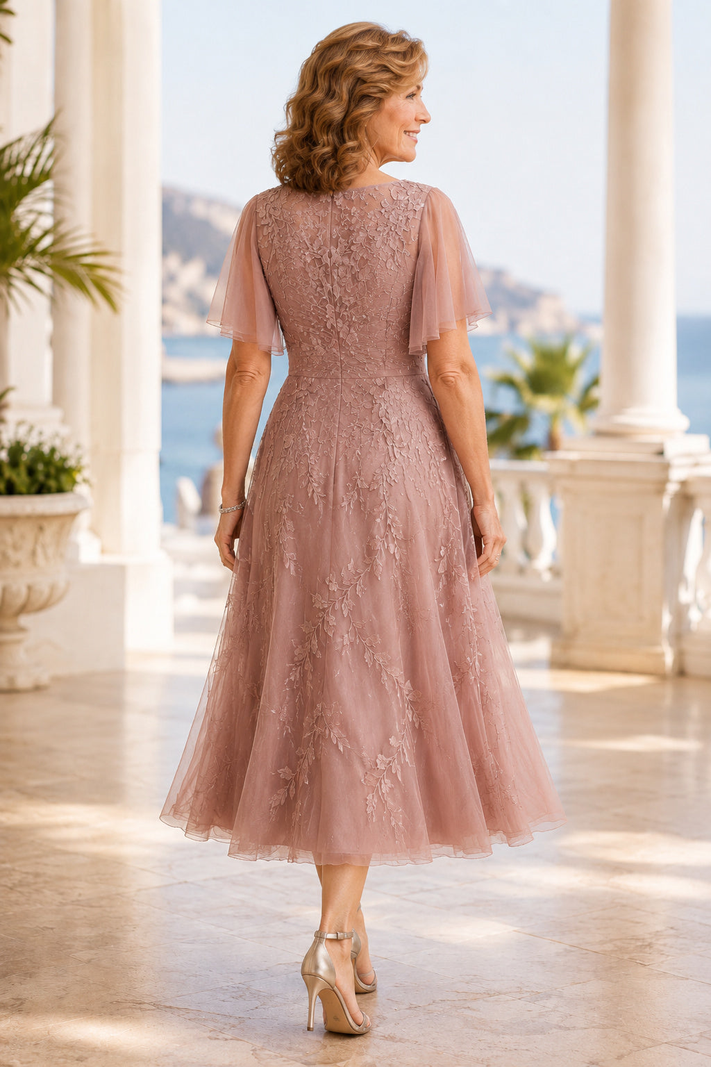 Dusty Rose Tea Length Tulle A-Line Mother Dress with Lace Bodice and Flutter Sleeves back view