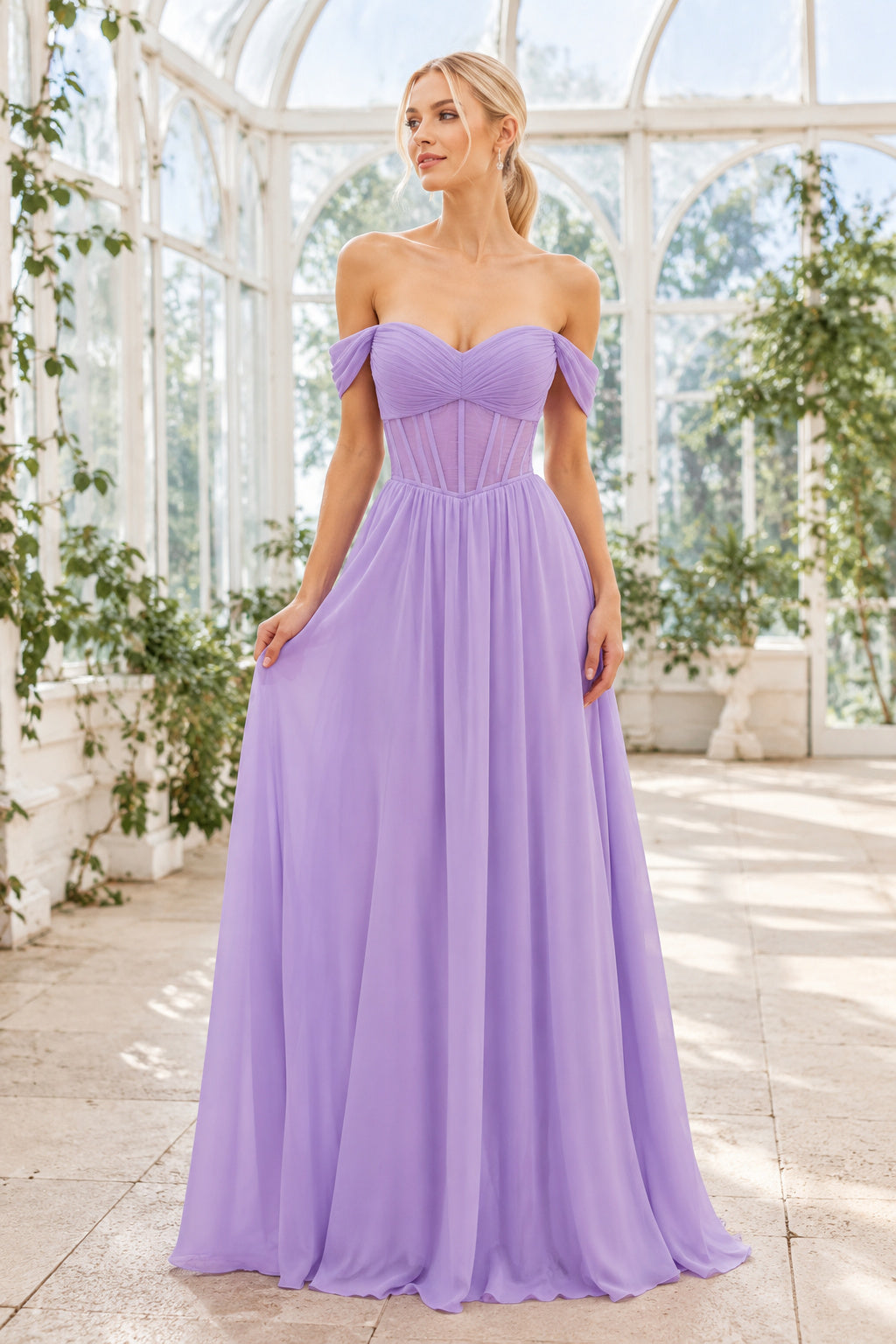 Lavender Off the Shoulder Chiffon A Line Dress with Pleated Bodice Floor Length A Line Bridesmaid Dress front view