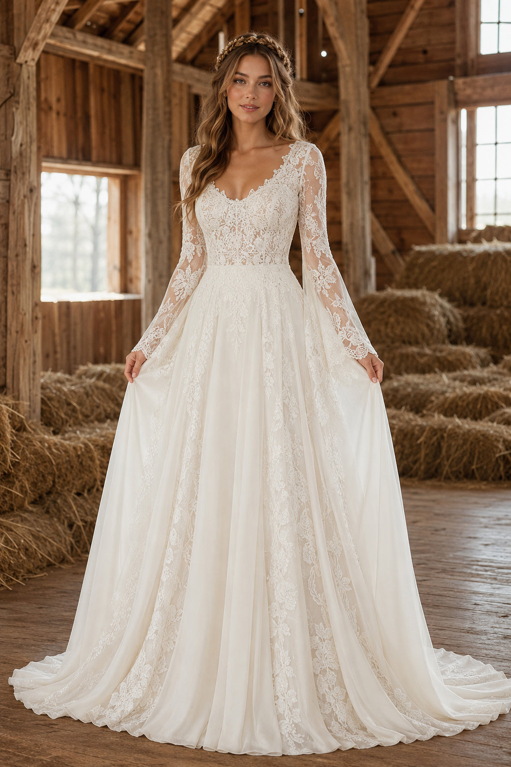 Ivory V-Neck Long Sleeve Lace A-Line Wedding Dress with Full Skirt and Train front view