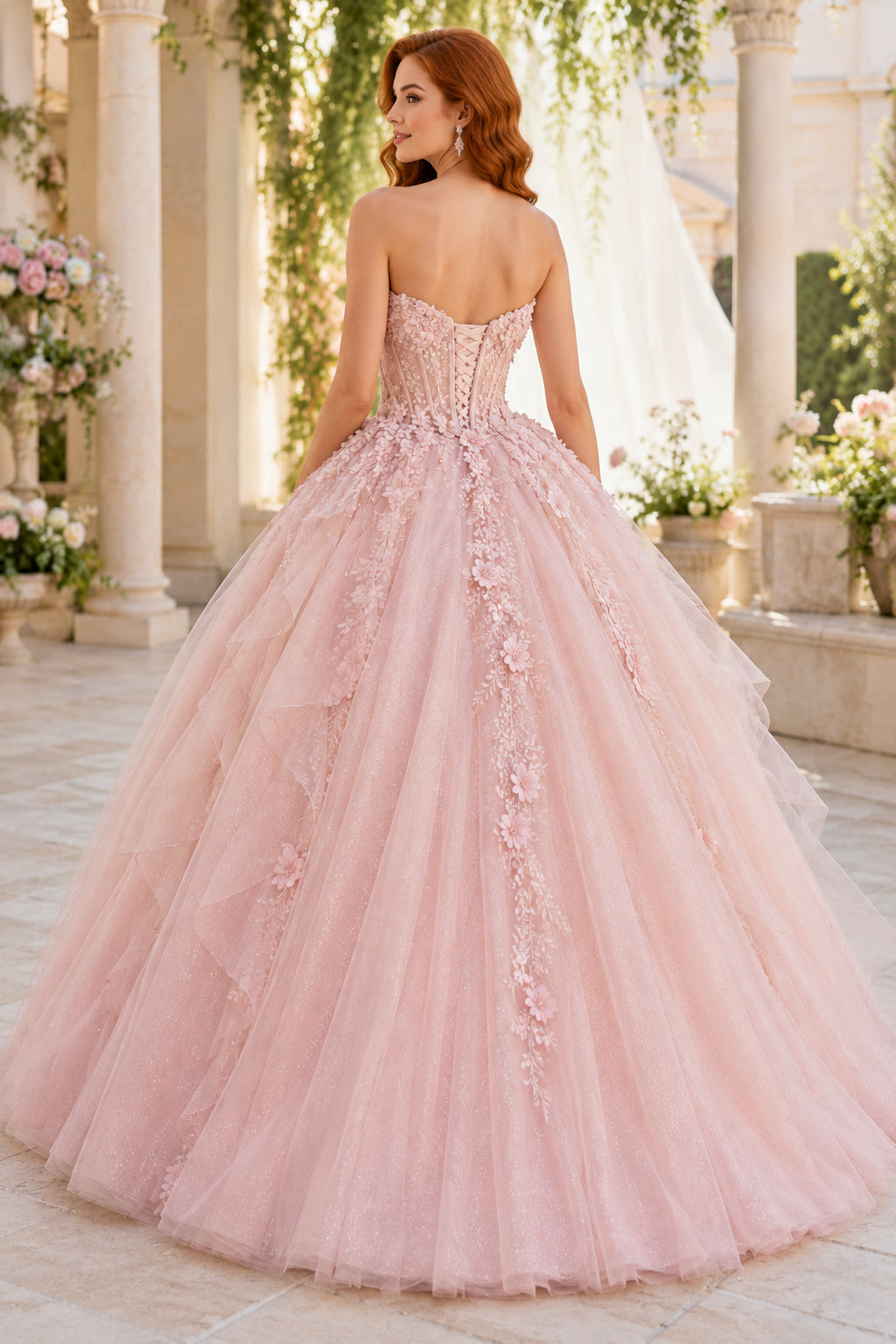 Blushing Pink Strapless Tulle Ball Gown Prom Dress with Floral Applique back view