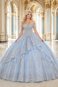 Sky Blue Off-the-Shoulder Applique Ball Gown Quinceanera Dress with Layered Skirt front view