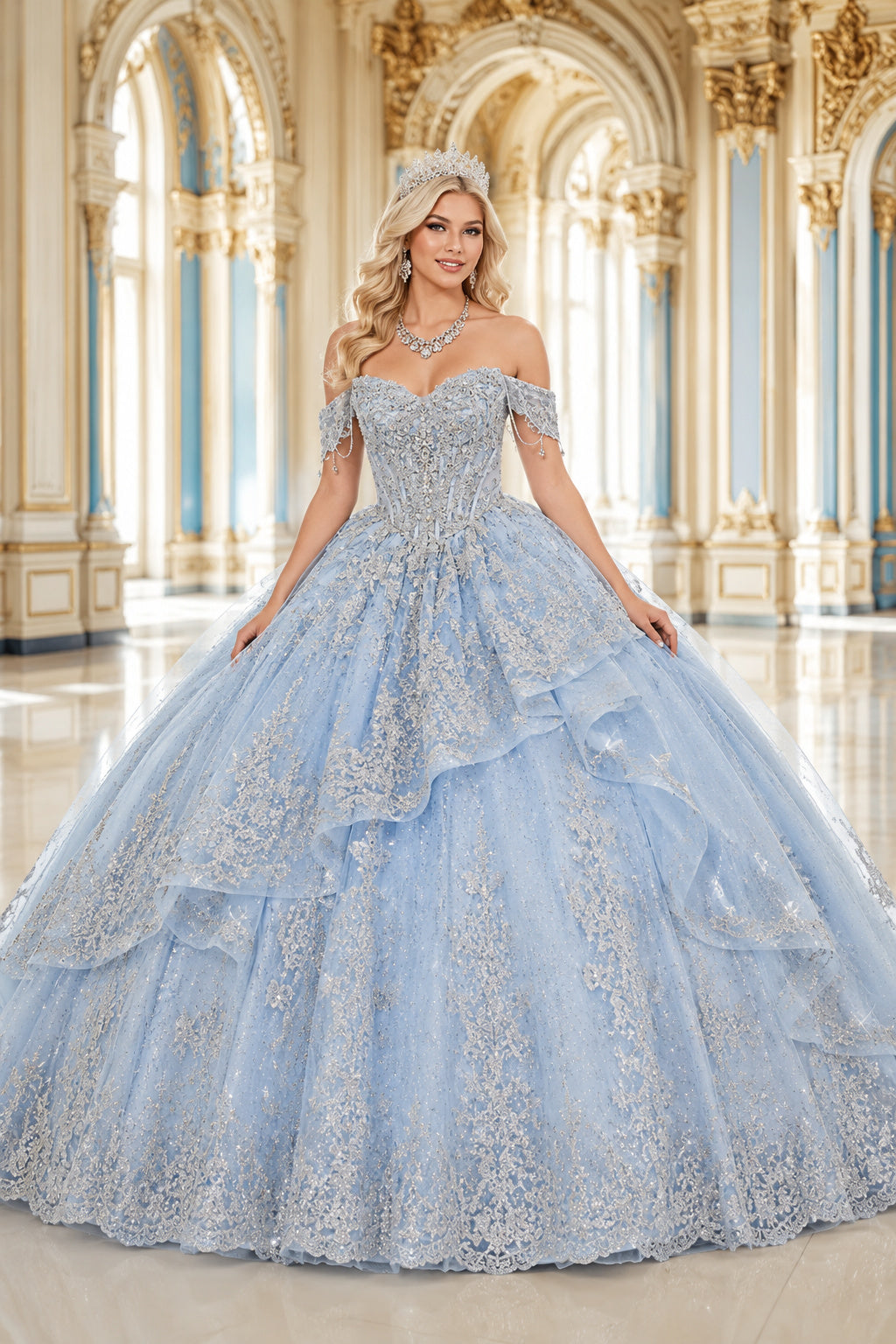 Sky Blue Off-the-Shoulder Applique Ball Gown Quinceanera Dress with Layered Skirt front view