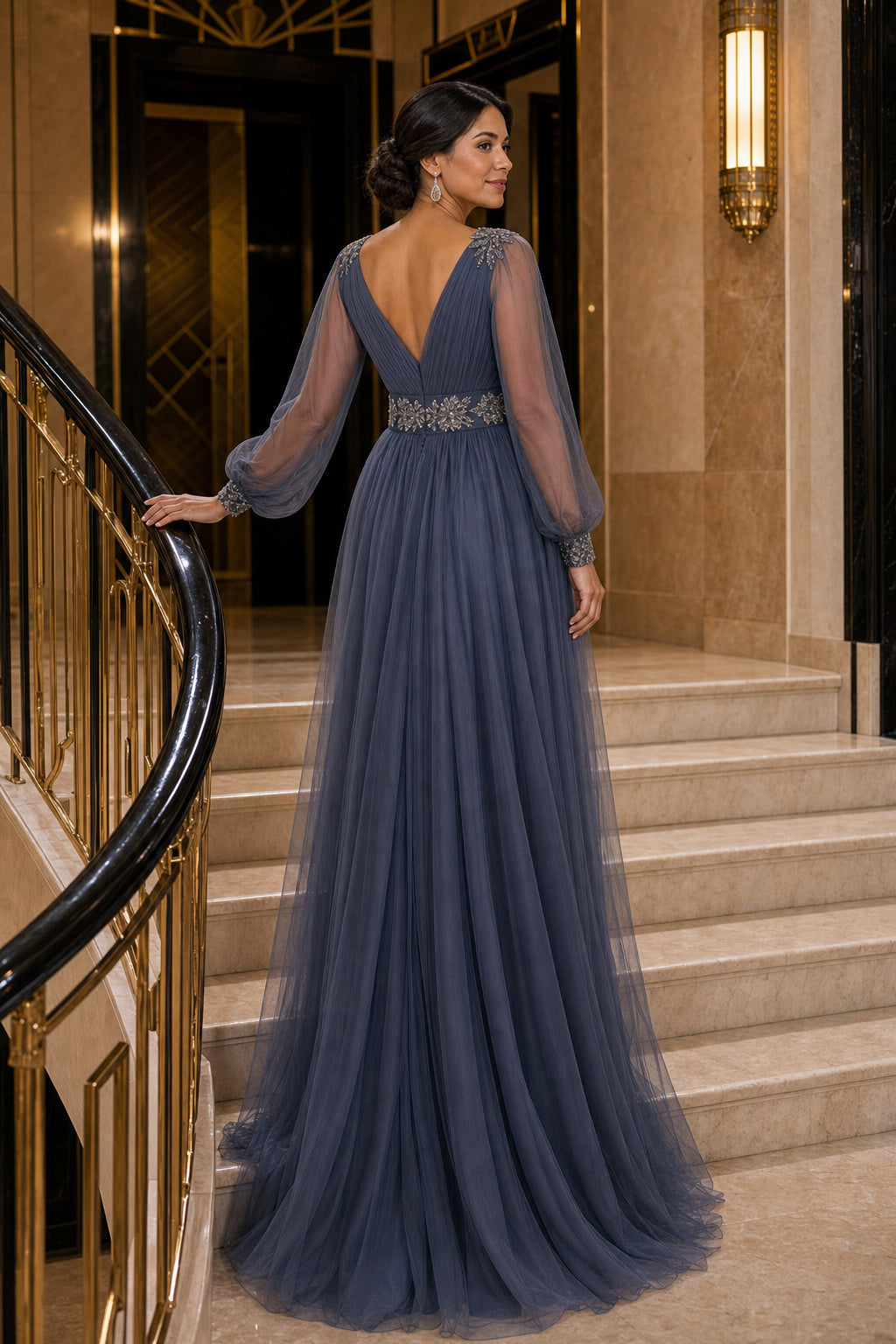 Slate Blue V-neck Long Sleeve A-Line Tulle Floor-Length Dress With Beaded Waist