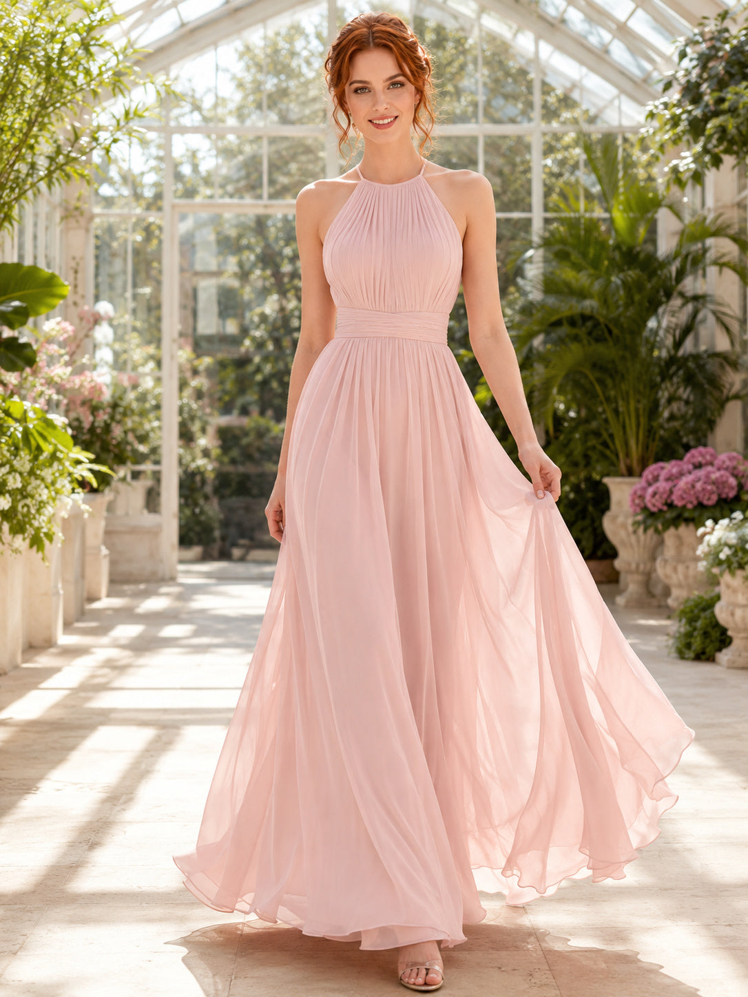 Blush Tulle Halter Keyhole A-Line Evening Dress front view