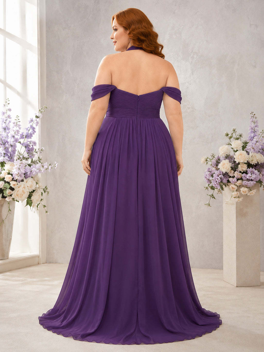 Purple Plus Size Halter Off Shoulder Chiffon Wedding Dress back view