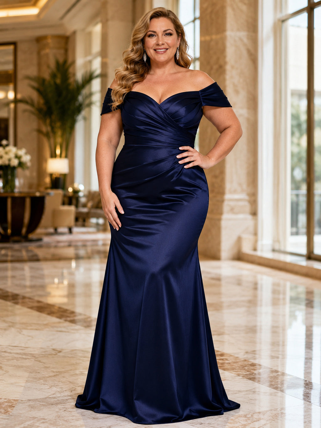 Dark Navy Off Shoulder Satin Plus Size Mermaid Dress front view