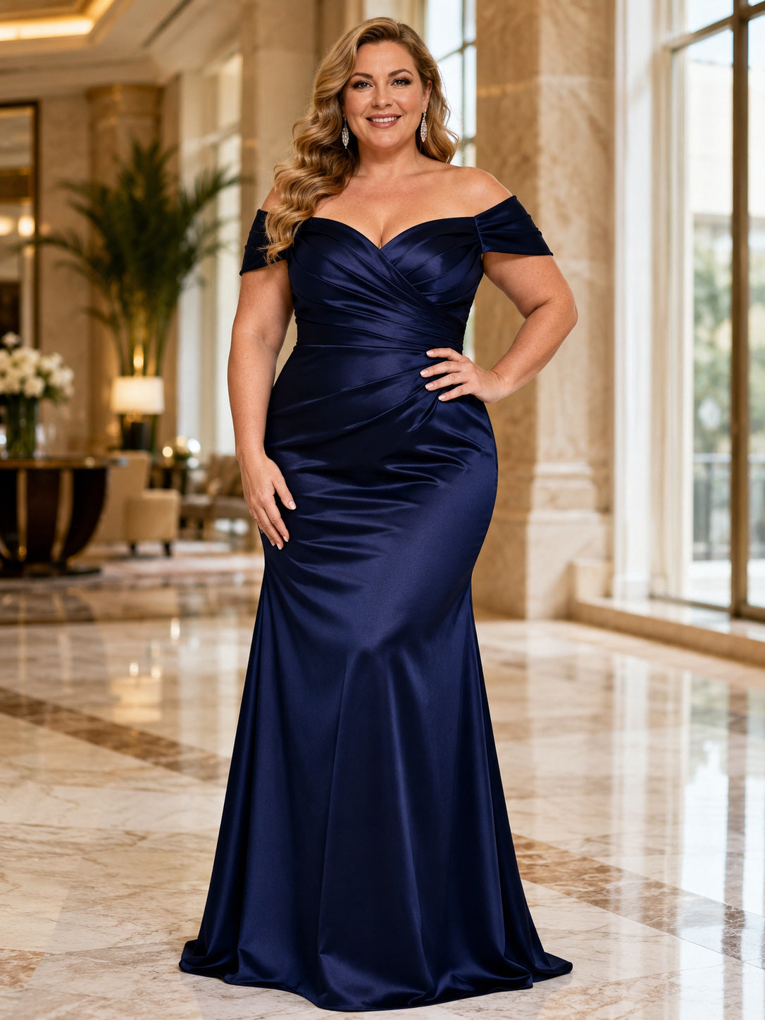 Dark Navy Off Shoulder Satin Plus Size Mermaid Dress front view