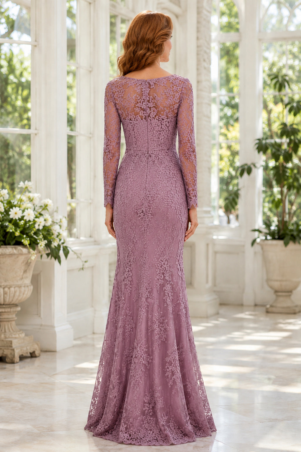 Vintage Mauve Long Sleeve Mermaid Mother Dress with Lace Overlay and Floor Skirt back view