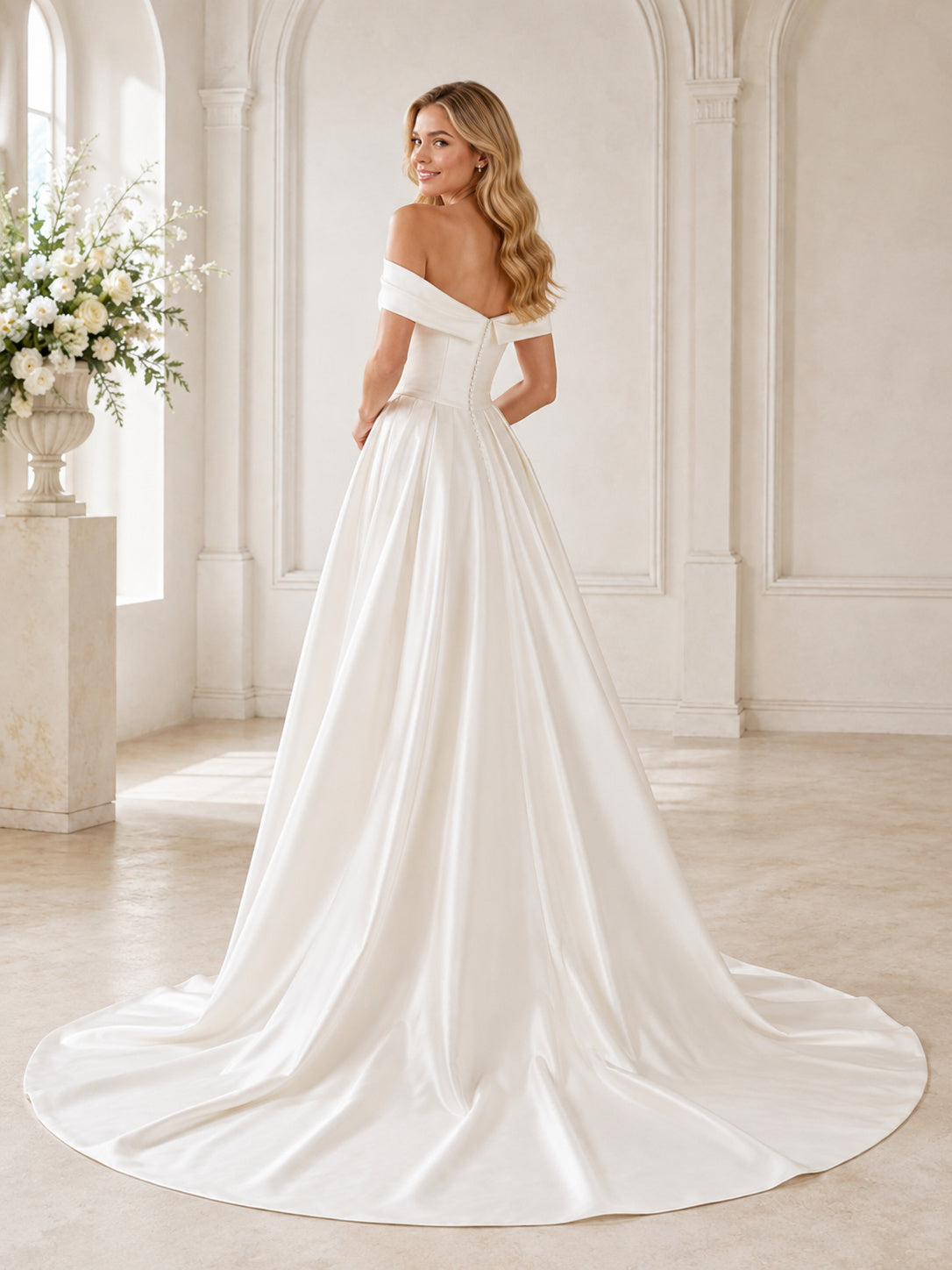 Elegant Off Shoulder Satin Wedding A Line Short Sleeve Chapel Train back view