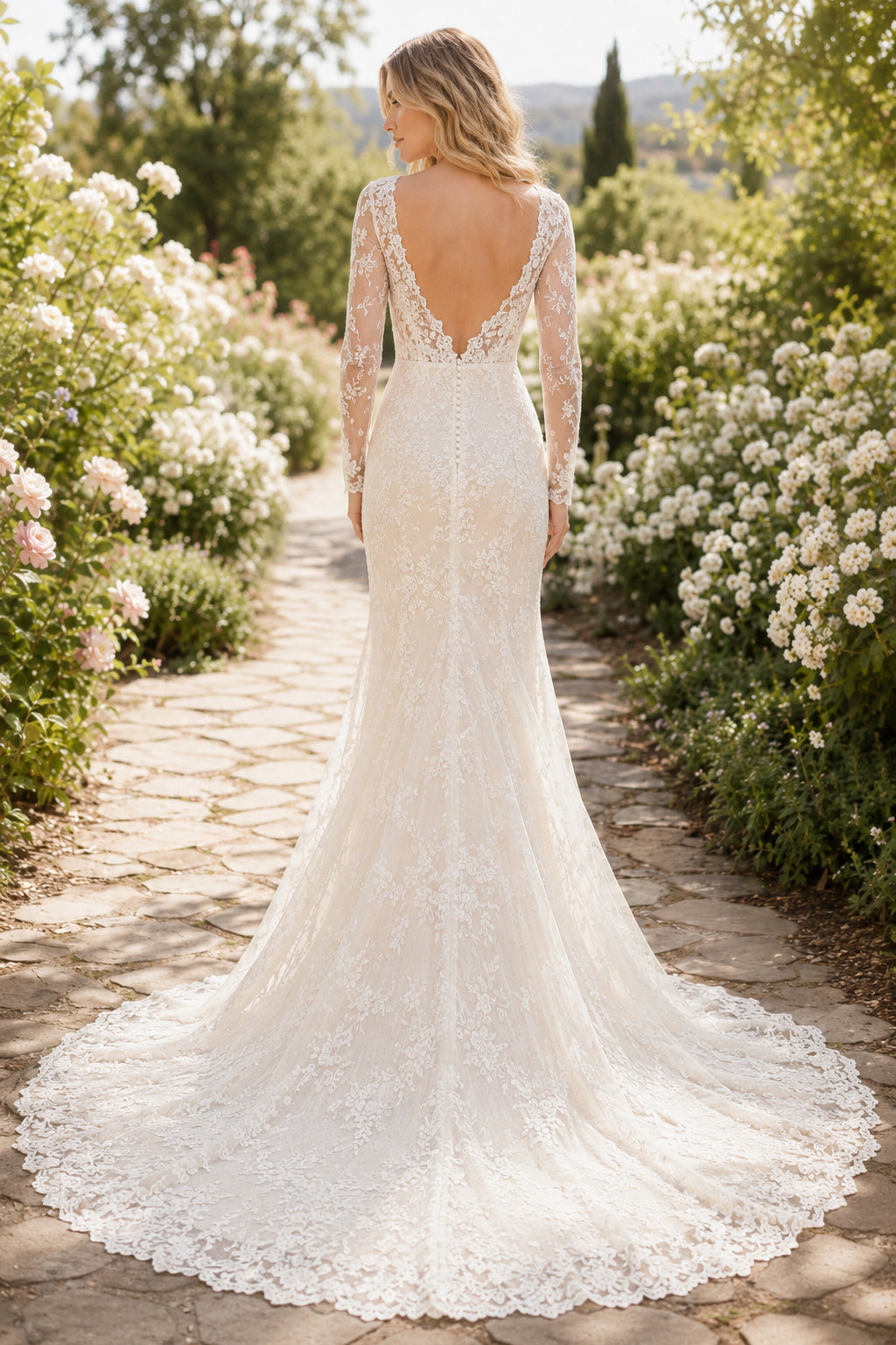 Ivory Long Sleeve Mermaid Lace Wedding Dress with Deep V-Neck and Chapel Train back view