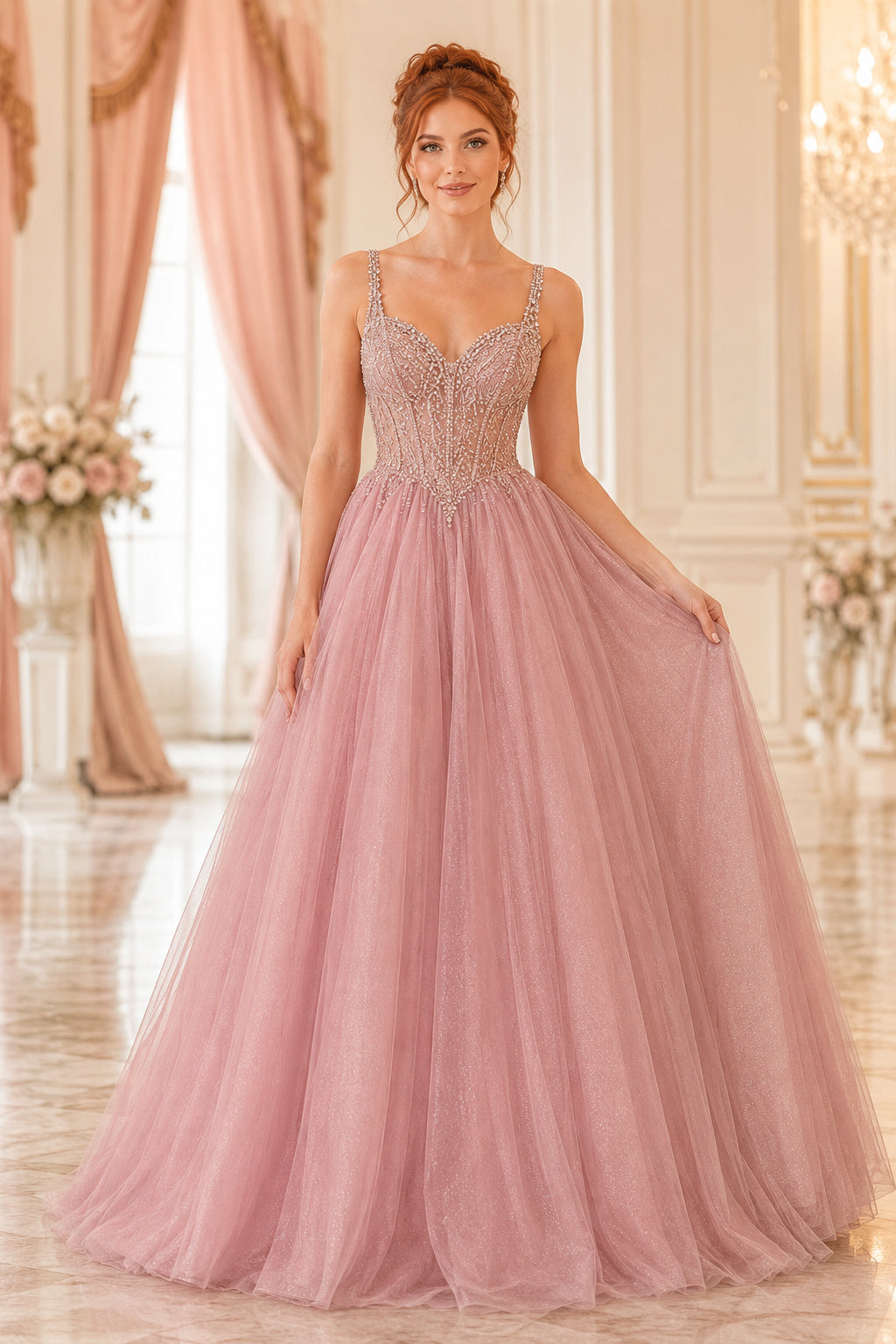 Dusty Rose Spaghetti Strap Dusty Rose Tulle Ball Gown with Beaded Bodice Floor Length And Sweep/Brush Train Ball Gown Prom Dr