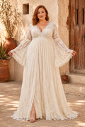 Plus Size Ivory V-Neck Bell Sleeve Lace Tulle A-Line Wedding Dress with Bell Sleeves and Split Front Skirt front view