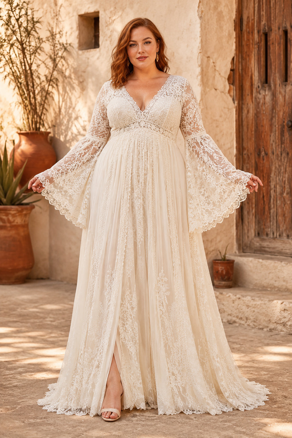 Plus Size Ivory V-Neck Bell Sleeve Lace Tulle A-Line Wedding Dress with Bell Sleeves and Split Front Skirt front view