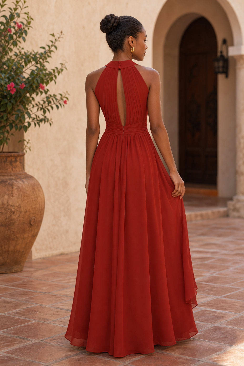 High-Neck Sleeveless A-Line Chiffon Floor-Length Dress With Keyhole Back