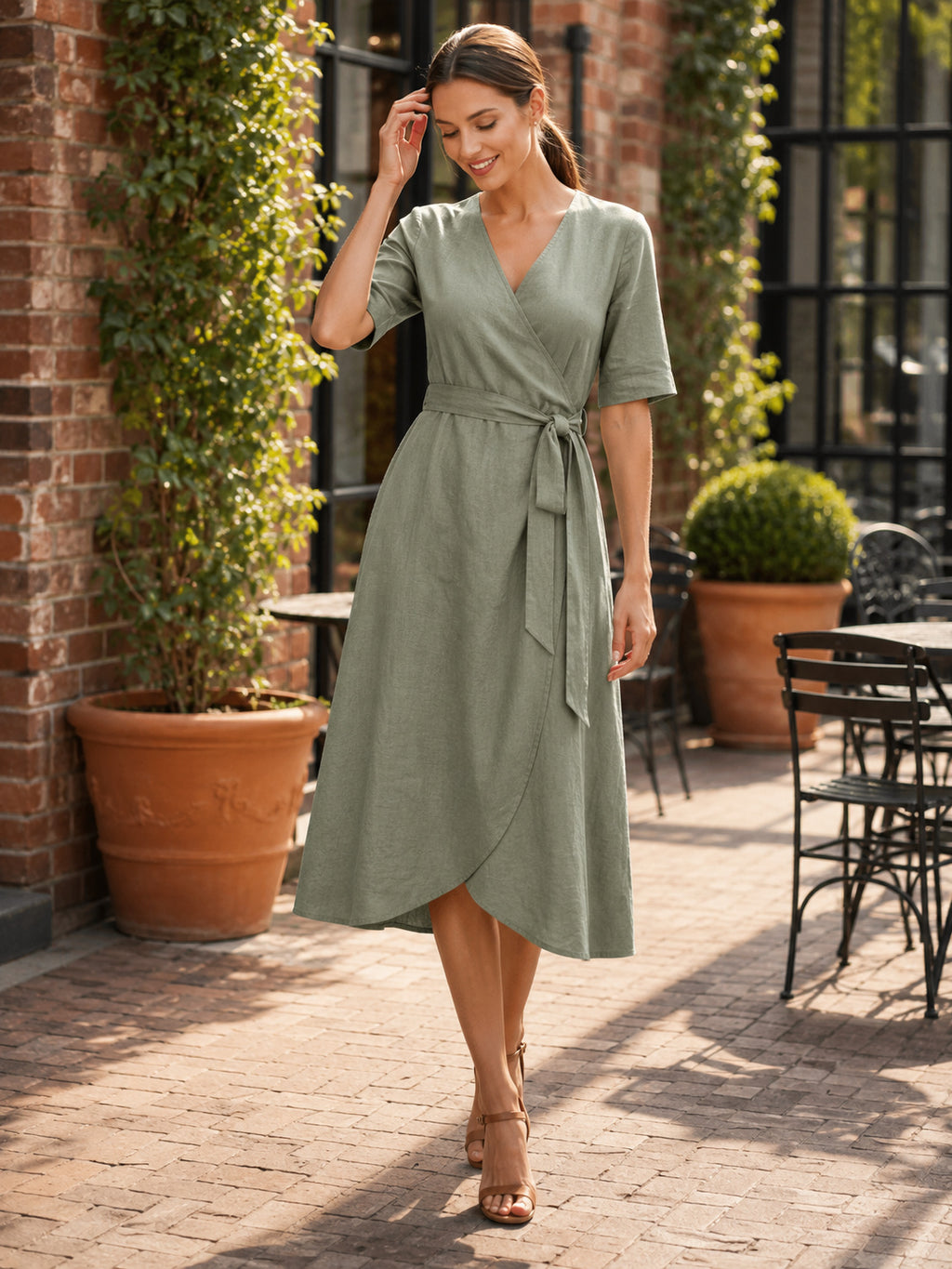 Sage Linen Wrap V Neck Short Sleeve Patio Midi Dress front view