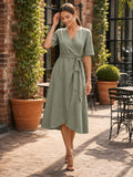 Sage Linen Wrap V Neck Short Sleeve Patio Midi Dress front view