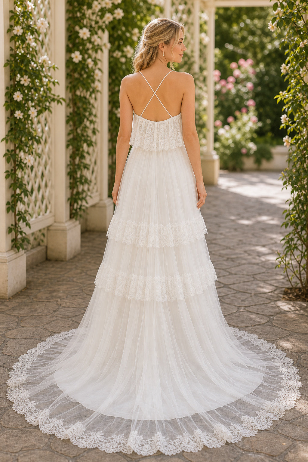 White Spaghetti Strap Ball Gown Tulle Floor-length Wedding Dress With Tiered Skirt and Lace Hem and Open Back