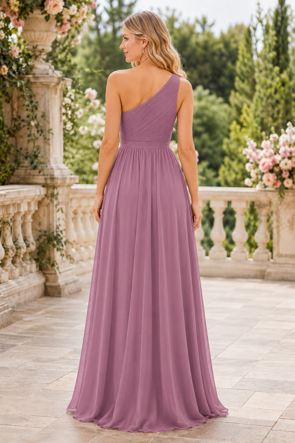Mauve One-Shoulder Chiffon A-Line Bridesmaid Dress with Pleated Bodice back view