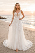 Ivory Strap V-Neck Lace Tulle A-Line Wedding Dress Chapel Train for Bridal Ceremony and Reception front view