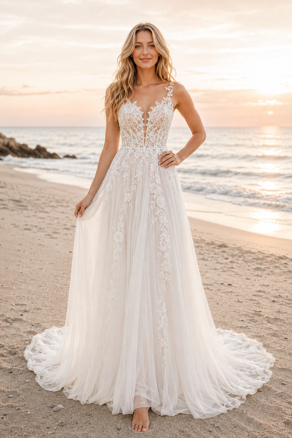 Ivory Strap V-Neck Lace Tulle A-Line Wedding Dress Chapel Train for Bridal Ceremony and Reception front view