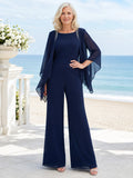 Dark Navy Mother Pantsuit with Chiffon Cape Overlay, Jewel Top and Wide Leg Pants front view