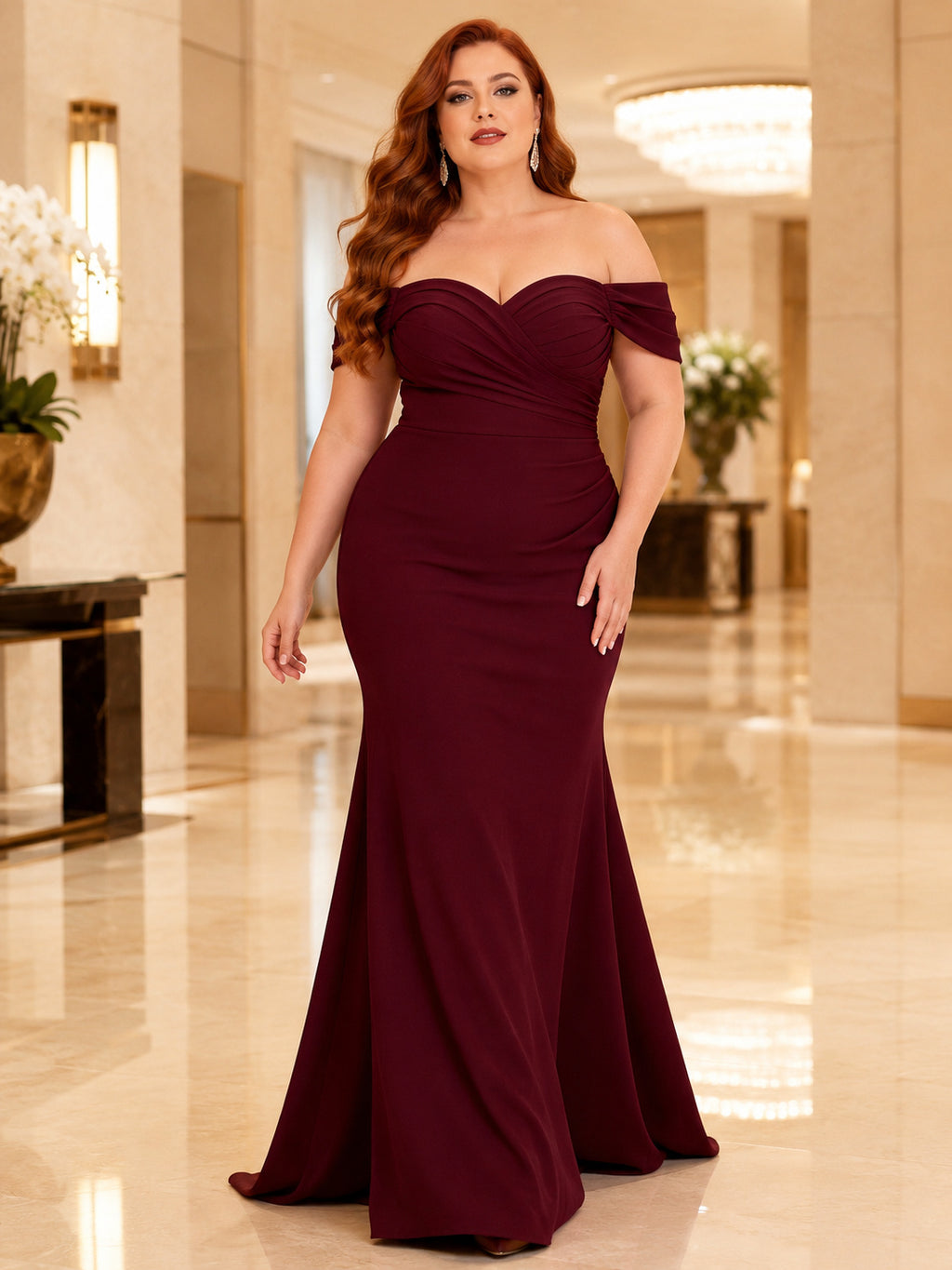 Burgundy Plus Off-the-shoulder Mermaid Evening Gown front view