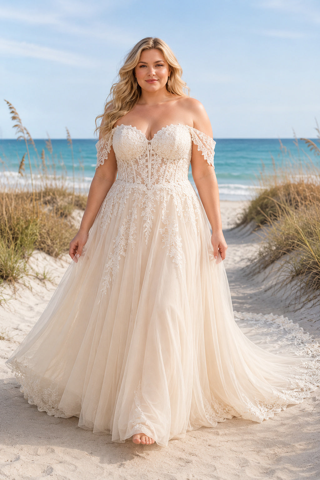 Ivory Plus Size Off-the-Shoulder Sweetheart A-Line Wedding Dress with Lace Applique Train front view