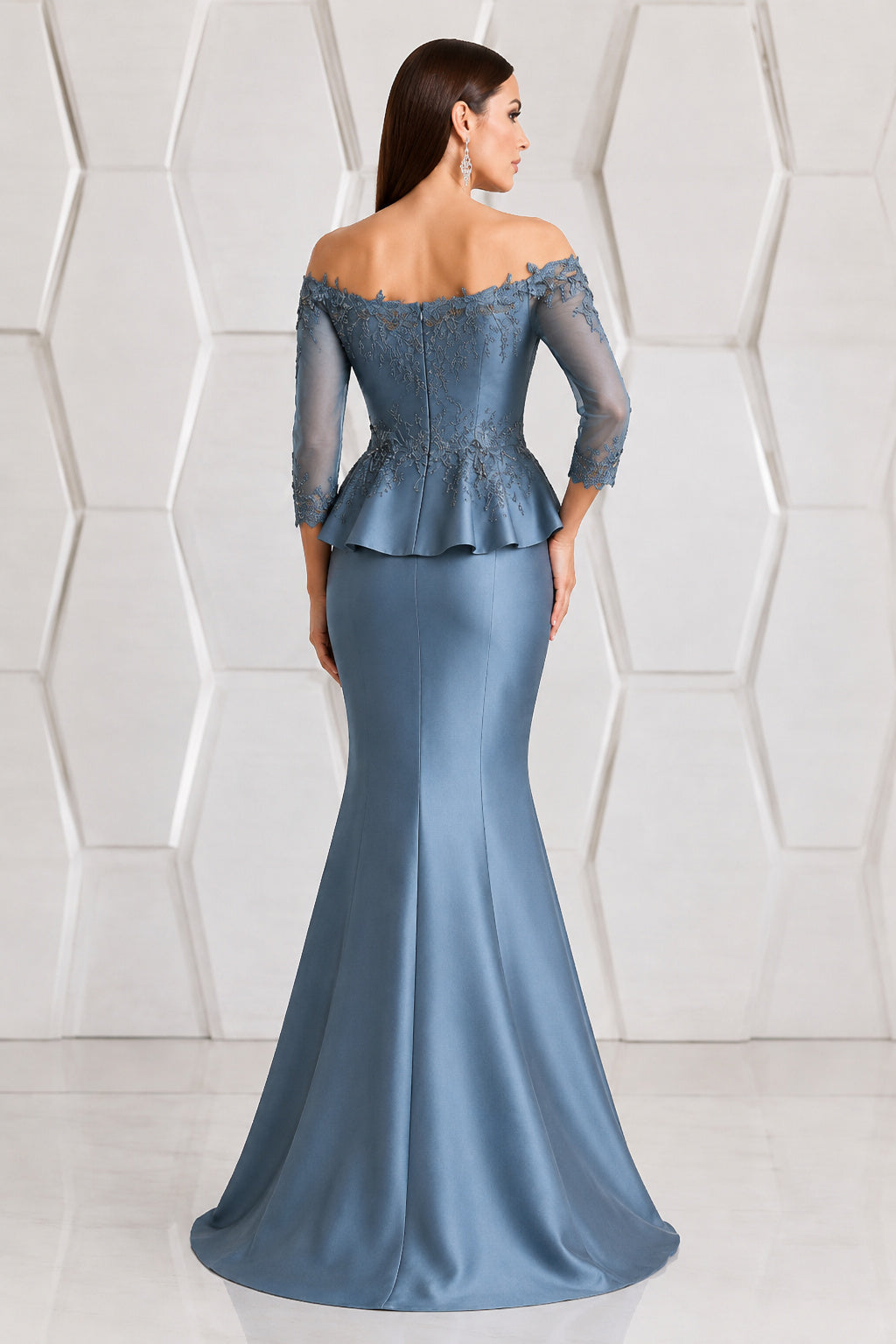 Steel Blue Off-the-Shoulder Peplum Mother of the Bride Dress with Lace Bodice back view