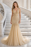 Gold V-neck Mermaid Lace, Tulle Floor-length Formal Dress With Lace and Train and Open Back