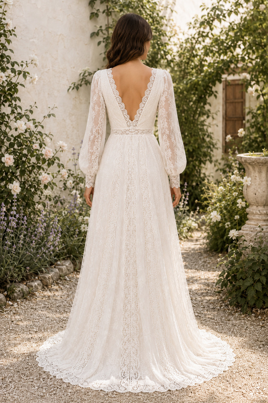 Long Sleeve V-Neck A-Line Wedding Dress with Lace Overlay and Soft Sweep Train for Beach Garden Ceremony back view